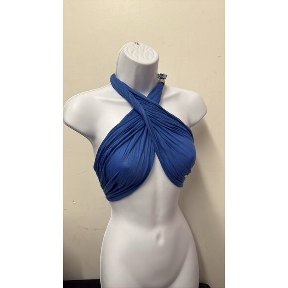 Blue Criss Cross Halter Wrap Crop Top Bandeau Stretch Boho scarf - Picture 1 of 5